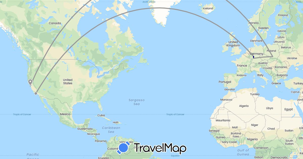 TravelMap itinerary: driving, plane in Germany, Poland, United States (Europe, North America)